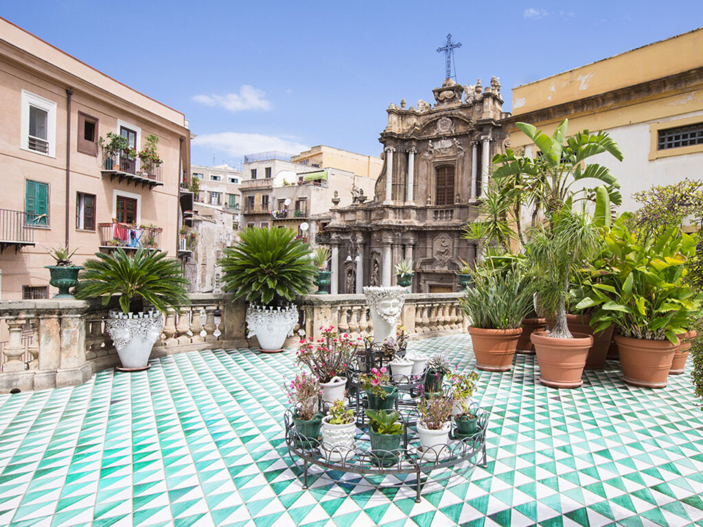 Terrace of Palazzo Gangi with green and white tiles