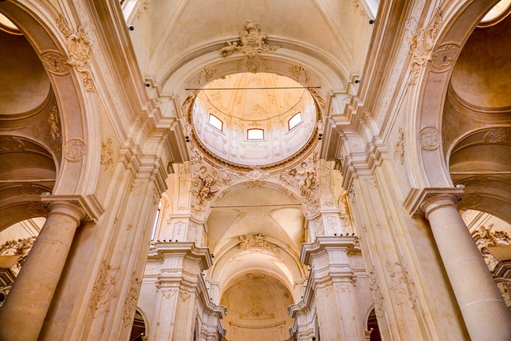 view from below of the dome and crossed vaults of the church of San Domenico in Noto, Sicily