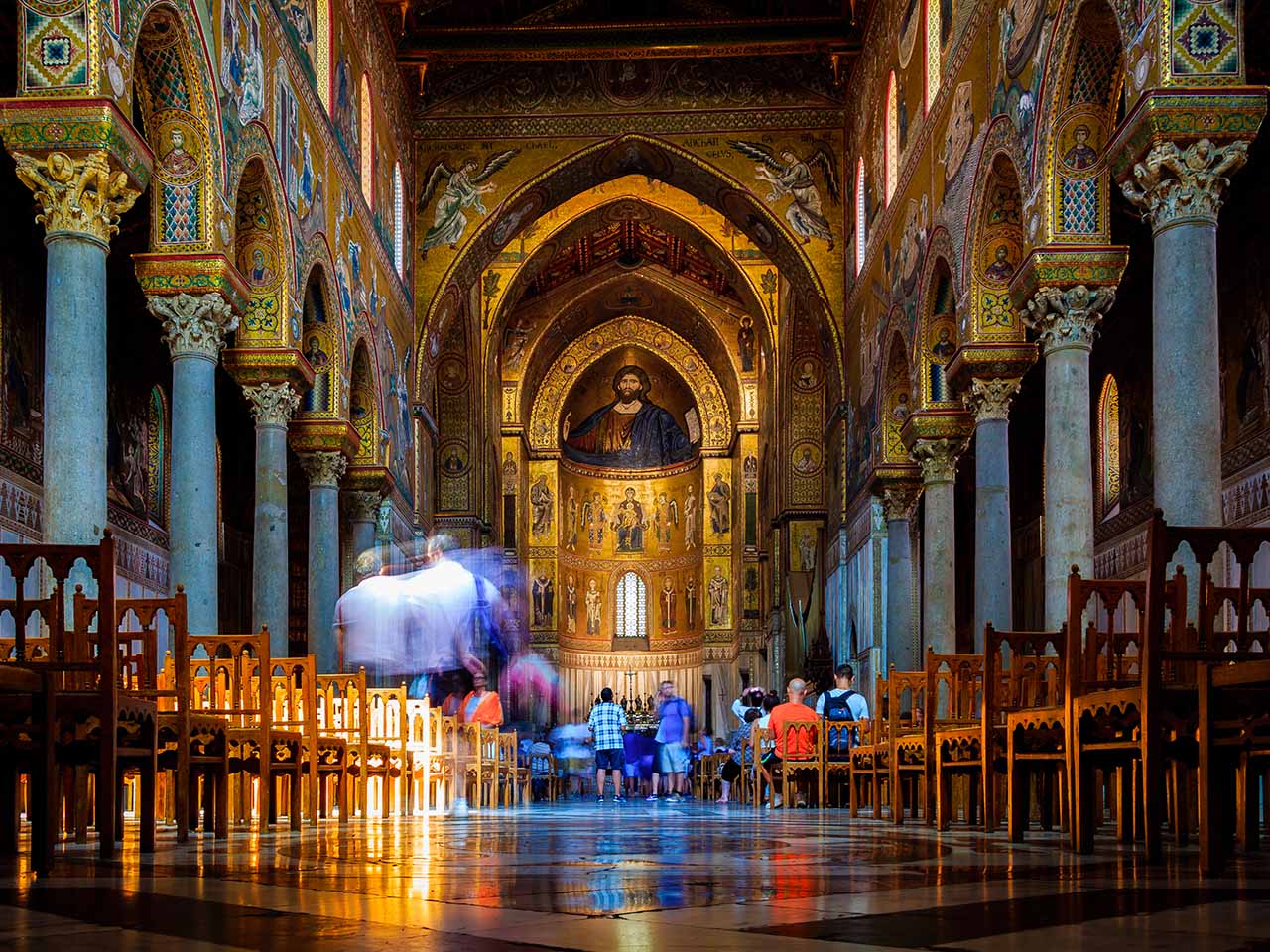 interiors with Byzantine mosaics of the Monreale Cathedral