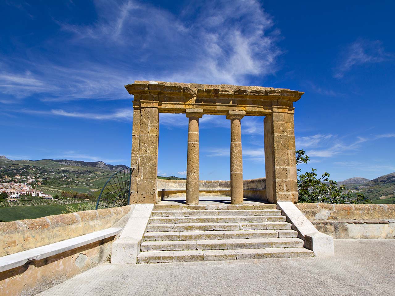 Belvedere Terrace - monumental access with Doric columns - in the Sicilian village of Sambuca di Sicilia